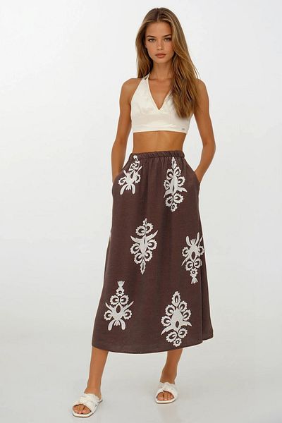 VAGGON Women's Brown Elastic Waist Double Pocket Patterned Maxi Skirt Vs00259