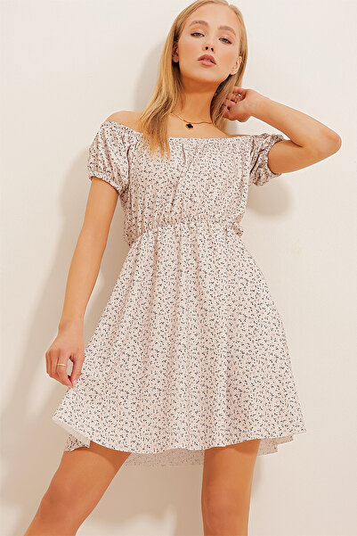 VAGGON Γυναικείο φόρεμα με μπεζ γιακά Μαντούρα με μοτίβο κρινκλ πλεκτό με μανίκια καρπούζι Vgn-X10516