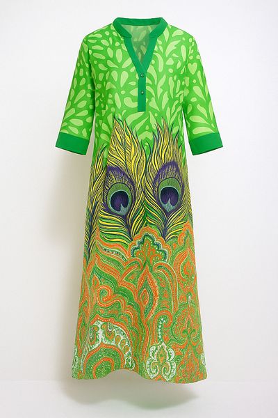 VAGGON Rochie de damă VERDE cu guler de judecător, cu mâneci liliac, cu model, lungime maxi, cu fante laterale, țesută PRMX12013