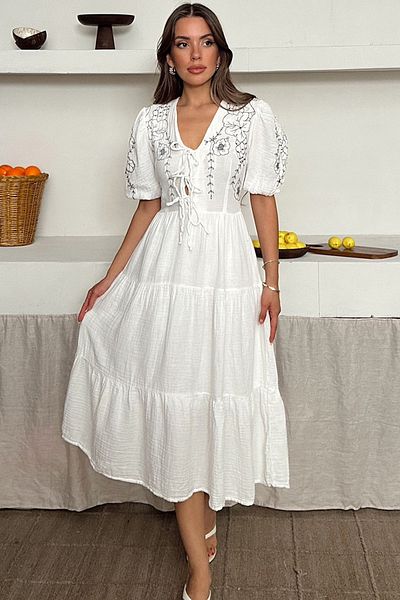 VAGGON Rochie de damă ALBĂ Broderie cu șireturi Detaliată Lungime Midi VS00172