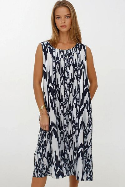 VAGGON Women's Black-White Patterned Double Pocket Sleeveless Relaxed Fit Dress Vs00269