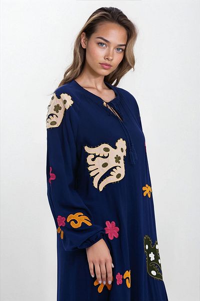 VAGGON Rochie de damă ALBASTRU ÎNCHIS cu guler de judecător, cu șireturi, mâneci elastice, cu model, mărime mare VS00317