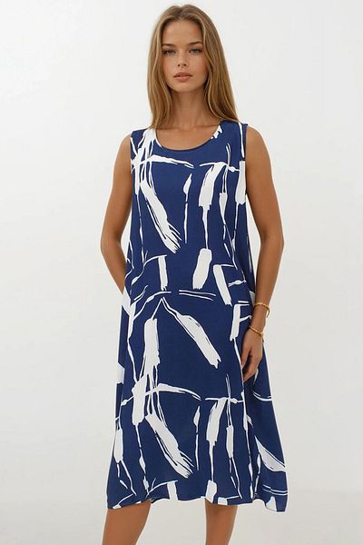 VAGGON Women's Dark Blue Patterned Double Pocket Sleeveless Relaxed Cut Dress Vs00269