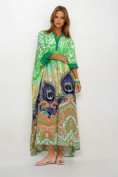 VAGGON Rochie de damă VERDE cu guler de judecător, cu mâneci liliac, cu model, lungime maxi, cu fante laterale, țesută PRMX12013