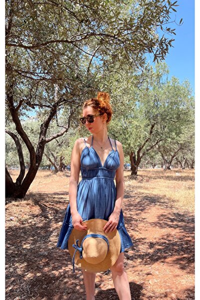 Eda Otantik Bohem Sırtı Bağlamalı Önden Büzgülü, Kısa Lacivert Müslin Elbise