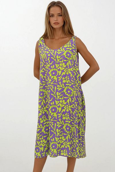 VAGGON Women's Purple Elastic Shoulders Sleeveless Relaxed Cutout Pattern Dress Vs00270