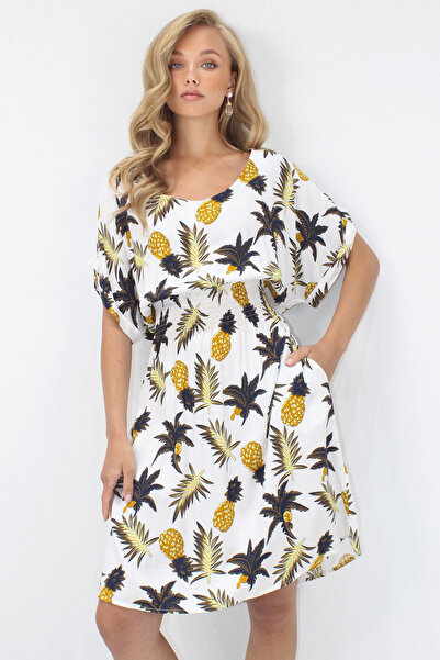 VAGGON Γυναικείο φόρεμα εκρού με λαιμόκοψη V με διπλή τσέπη με μοτίβο μέσης με υφαντό βισκόζη Prmx14201