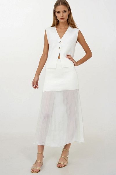 VAGGON Women's White Buttoned Vest and Pleated Design Skirt Knitwear Suit Vs00260