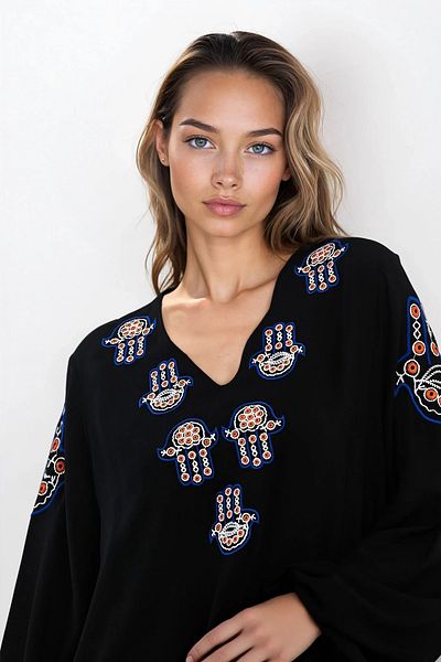 VAGGON Women's Black Deep V Neck Ethnic Pattern Dress Vs00285