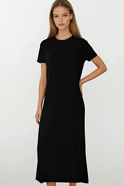 VAGGON Kadın Siyah Rahat Kesim Yırtmaç Detaylı Maxi Boy Elbise Vs00158