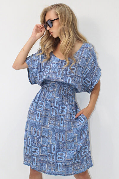 VAGGON Women's Blue V-Neck Double Pocket Ethnic Patterned Waist Gipped Woven Viscose Dress Prmx14200