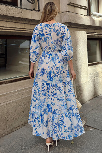 VAGGON Γυναικείο μπλε μάξι φόρεμα με βαθύ λαιμό Vs00142