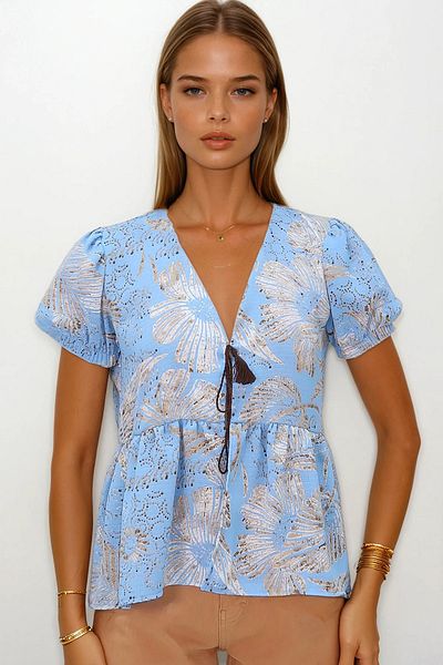VAGGON Women's Blue V-Neck Watermelon Sleeve Patterned Skirt Flounced Woven Blouse Vs00193