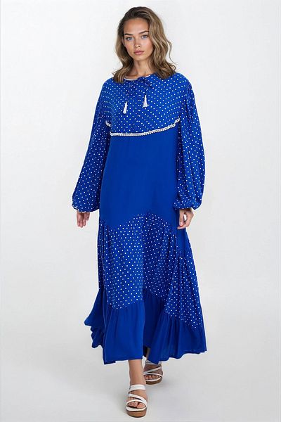 VAGGON Women's Blue Crew Neck Half Placket Lace-Up Skirt Ruffle Plus Size Dress Vs00326