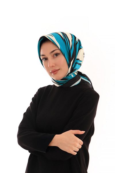 Bursa İpek Cyan Nilsu Pattern Twill Silk Scarf