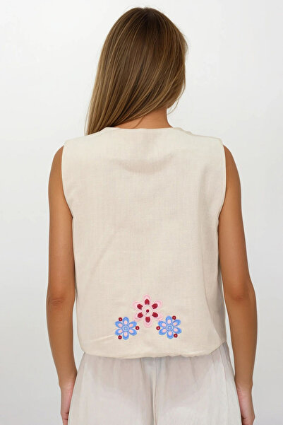VAGGON Жіночий кремовий вишитий мереживом жилет з сирого льону з детальним дизайном Vs00241