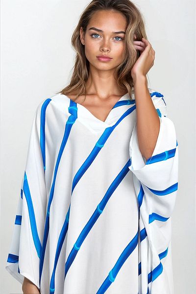 VAGGON Women's Blue Line Pattern V-Neck Plus Size Viscose Dress Vs00324