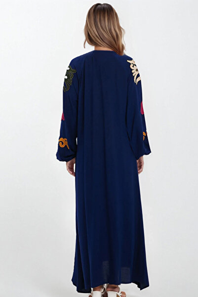 VAGGON Γυναικείο ΣΚΟΥΡΟ ΜΠΛΕ Δικαστικό γιακά με κορδόνια μανίκια ελαστικά με σχέδιο φόρεμα μεγάλου μεγέθους VS00317