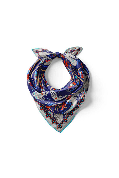 Bursa İpek Ecru Dark Blue Carnation - Tulip Patterned Silk Handkerchief