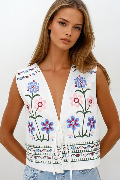 VAGGON Women's White Embroidered Lace Detailed Design Raw Linen Vest Vs00241