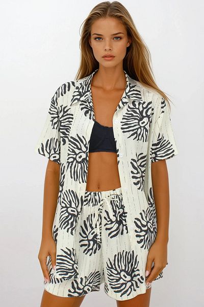 VAGGON Women's Beige Double Pocket Elastic Waist Shorts Oversize Shirt Suit Vs00216
