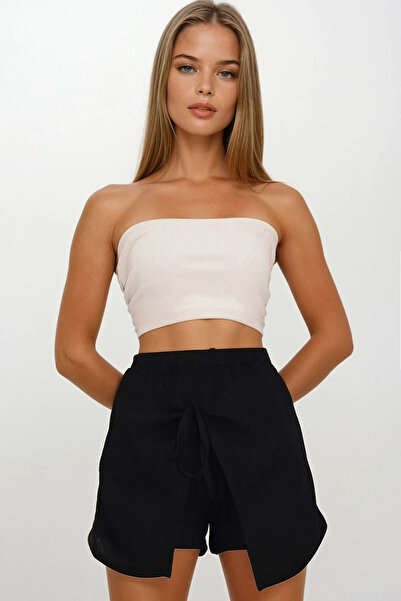 VAGGON Fusta pantaloni scurți de muselină cu talie elastică neagră pentru femei Vs00209