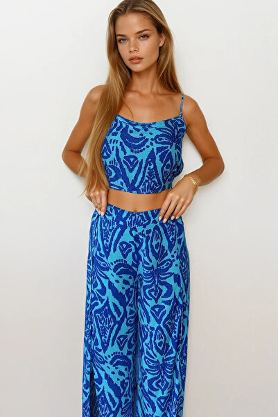 VAGGON Women's Blue Strap Blouse and Elastic Waist Slit Detailed Palazzo Trousers Set Vs00162