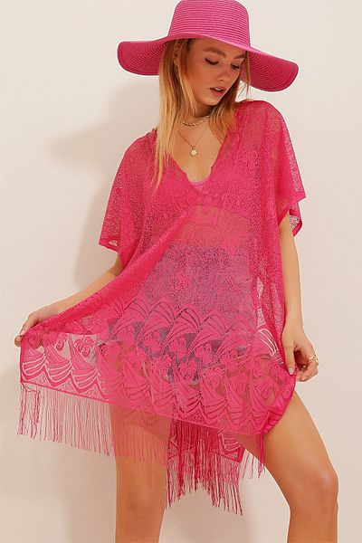VAGGON Women's Fuchia Tassel Beach Top Lace Kimono Vgn-X10522