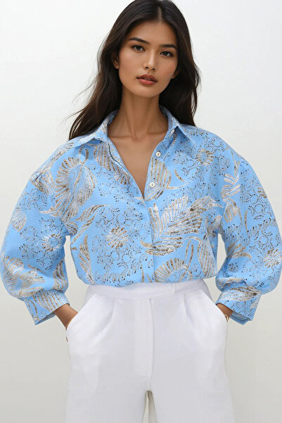 VAGGON Kadın Mavi Desenli Balon Kol Gizli Patlı Gömlek Prmx14184