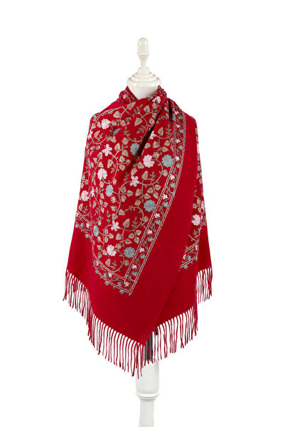 Bursa İpek Burgundy Embroidered Winter Shawl
