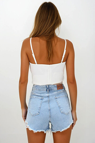 VAGGON Women's Blue 5 Pocket Denim Shorts with Tassel Detail Vs00254