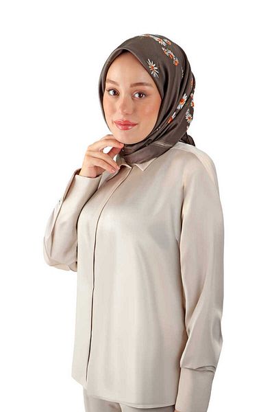 Bursa İpek Daisy Patterned Brown Twill Silk Scarf