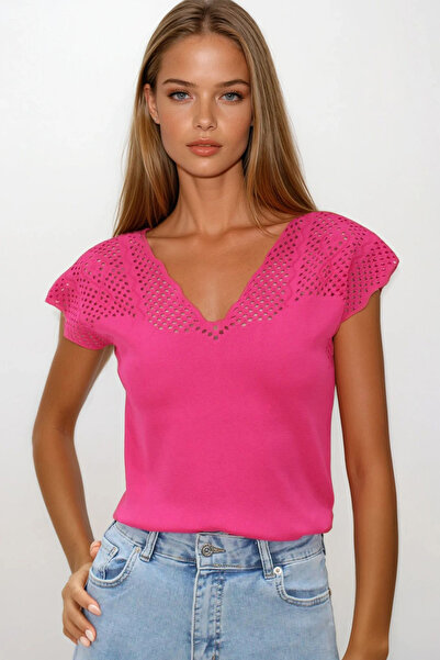 VAGGON Γυναικεία φούξια μπλούζα ALACATI STYLE με λαιμόκοψη σε σχήμα V μπροστά και πίσω Aj δαντελωτή πλέξη e ελαφρύ riko Bluz Vs00265