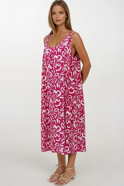 VAGGON Women's Pink Elastic Shoulders Sleeveless Relaxed Cutout Pattern Dress Vs00270