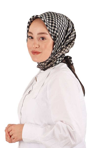 Bursa İpek Khaki Houndstooth Pattern Sura Silk Scarf