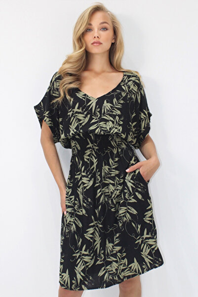 VAGGON Γυναικείο φόρεμα με λαιμόκοψη V με διπλή τσέπη με μοτίβο μέσης με υφαντό βισκόζη Prmx14201