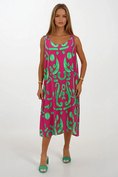 VAGGON Women's Green Elasticated Shoulders Sleeveless Relaxed Cutout Pattern Dress Vs00270