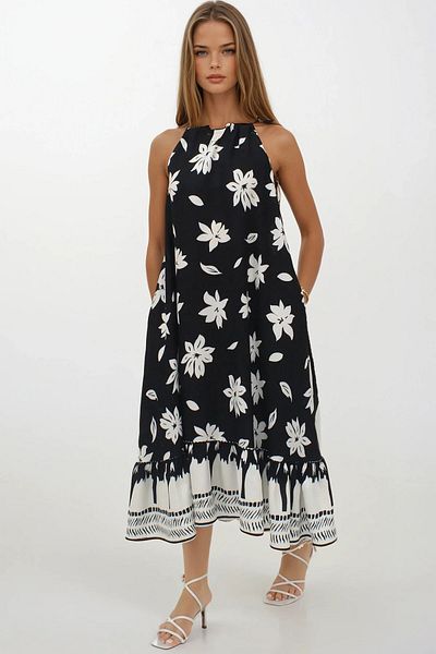 VAGGON Women's Black Patterned Tie-Up Skirt Mesh Maxi Length Double Pocket Dress Dress Vs00266