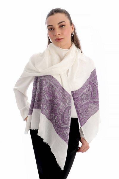Bursa İpek Purple Border Patterned Wool Shawl