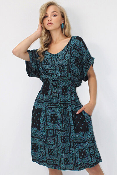 VAGGON Women's Petrol Blue V-Neck Double Pocket Ethnic Patterned Waist Gipped Woven Viscose Dress Prmx14200