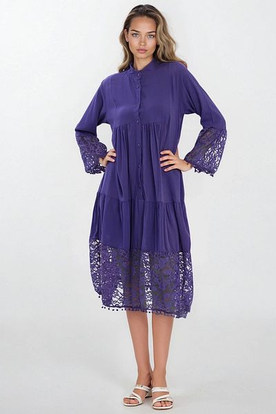 VAGGON Women's Purple Judge Collar Front Button Lace Viscose Dress Vs00337