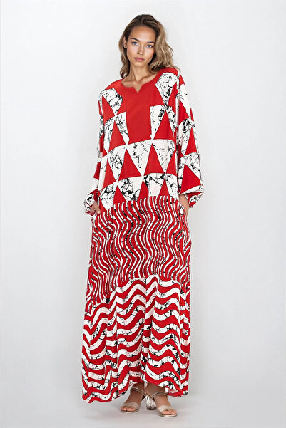 VAGGON Γυναικείο κόκκινο φόρεμα με ελαστικά μανίκια διπλή τσέπη Plus Size Vs00293