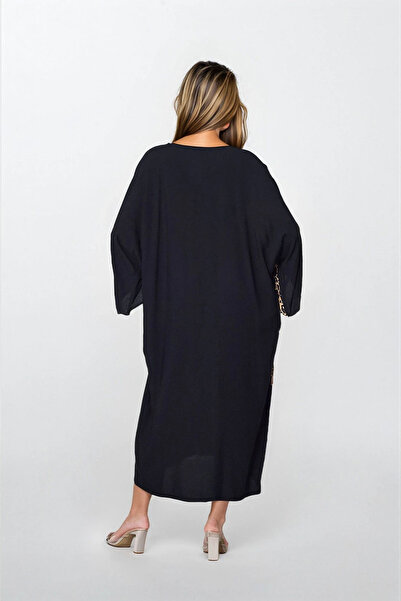 VAGGON Γυναικείο μαύρο φόρεμα με διπλή τσέπη με κουμπιά μπροστά μεγάλο μέγεθος βισκόζης Vs00306