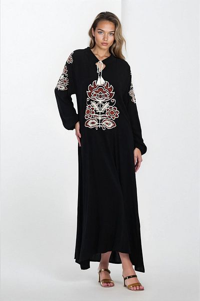 VAGGON Women's Black Judge Collar Lace-Up Embroidery Embroidered Plus Size Dress Vs00325