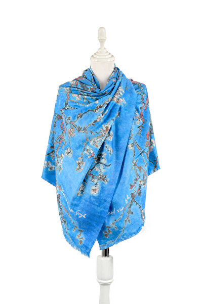 Bursa İpek Turkuaz Badem Çiçeği Desen Kışlık Şal
