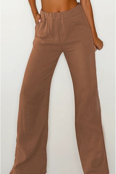 VAGGON Women's Mink Double Pocket Elastic Waist Muslin Palazzo Trousers Vs00208