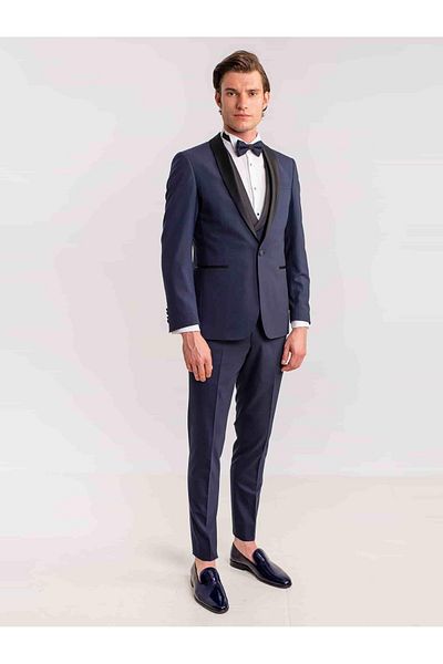Dufy Men's Slim Fit Navy Blue Tuxedo Suit - Plain Shawl Collar - 35711