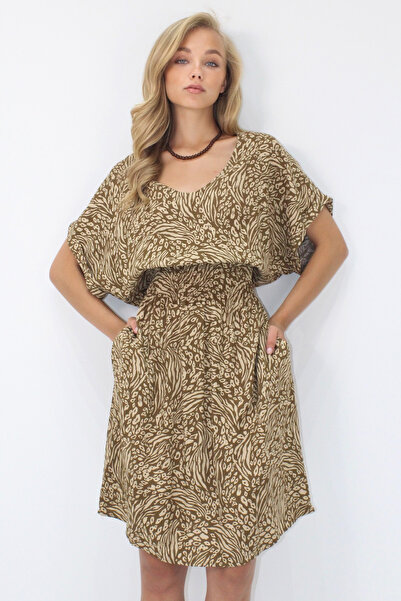 VAGGON Γυναικείο φόρεμα με καφέ γάλακτος με λαιμόκοψη V με διπλή τσέπη με μοτίβο μέσης με υφαντό βισκόζη Prmx14201