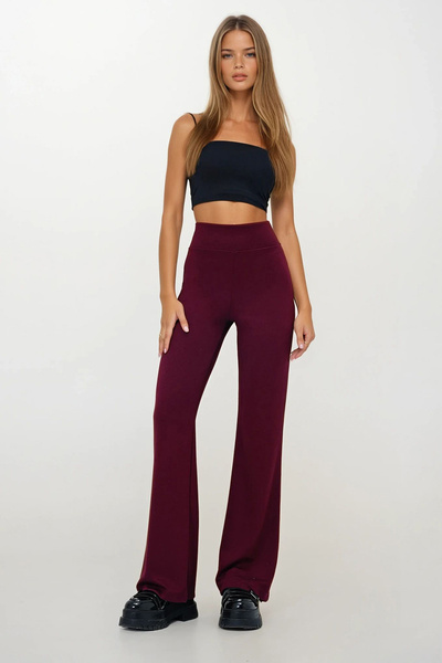 VAGGON Women's Burgundy Wide Belted Modal Fabric Spanish Leggings Trousers Prmx13445