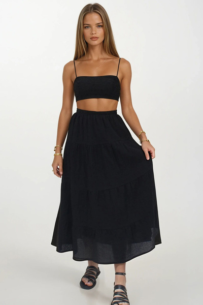 VAGGON Women's Black Lined Layered Flounce Midi Skirt Vs00276